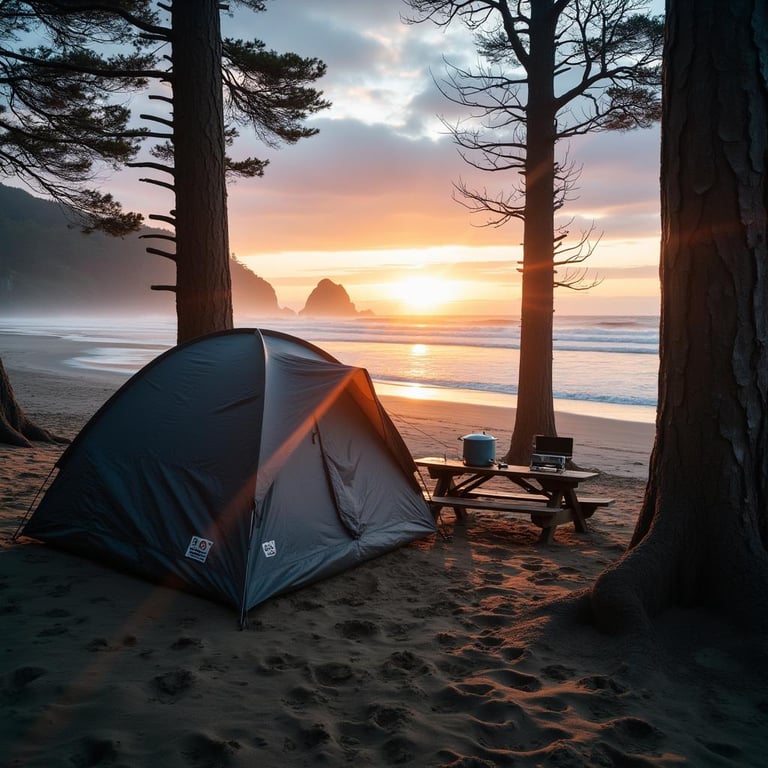 A dark gray tent rests among tall trees beside Cannon Beach as the sun sets. A picnic table holds a small camping stove, while animal tracks mark the dusty ground. Seen from a canoe near shore, the campsite feels quiet and wild.