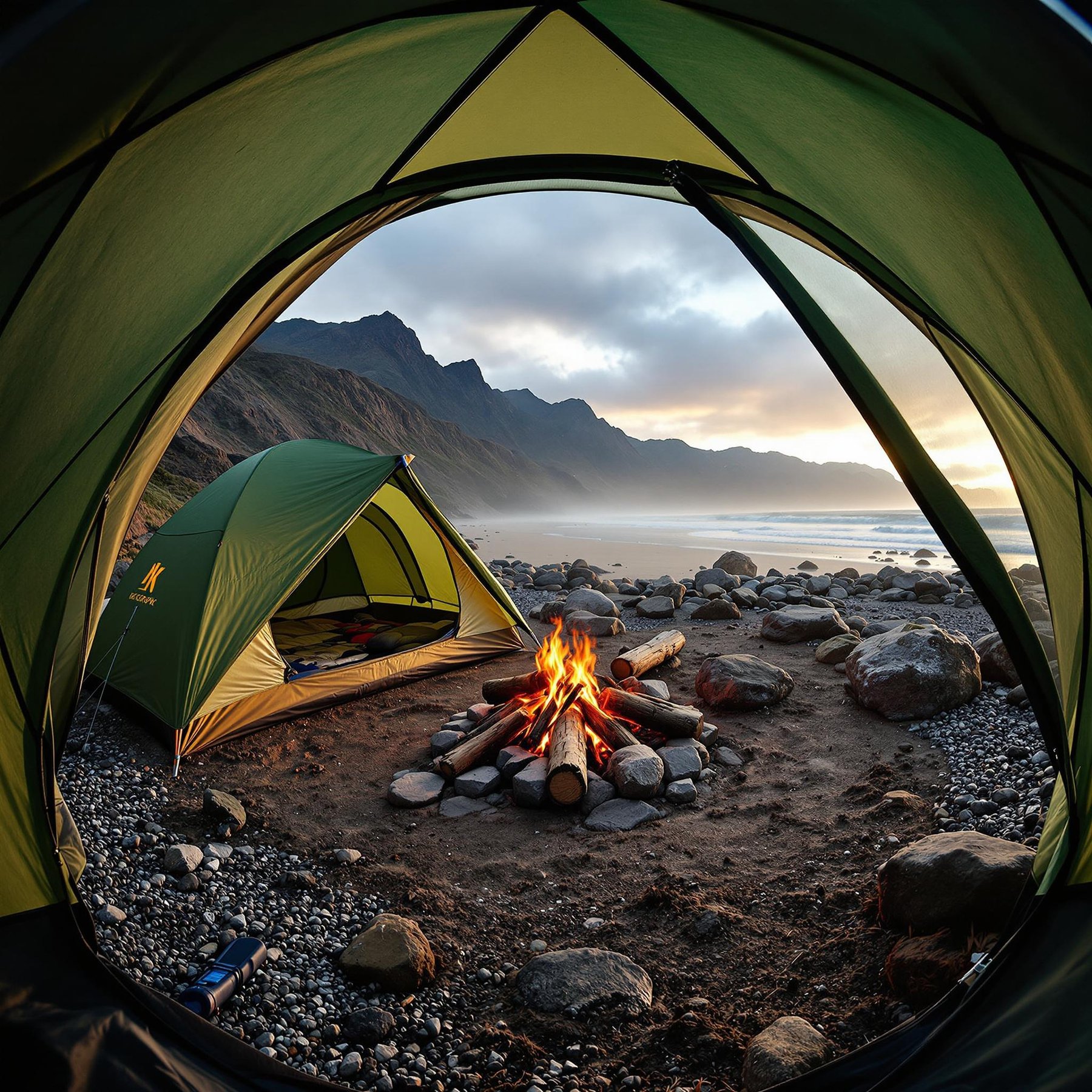 Camp by a cozy fire right next to the ocean, with big mountains and smooth rocks all around. The air feels fresh and the sunset paints the sky with beautiful colors. It’s the perfect spot for an adventure under the stars!