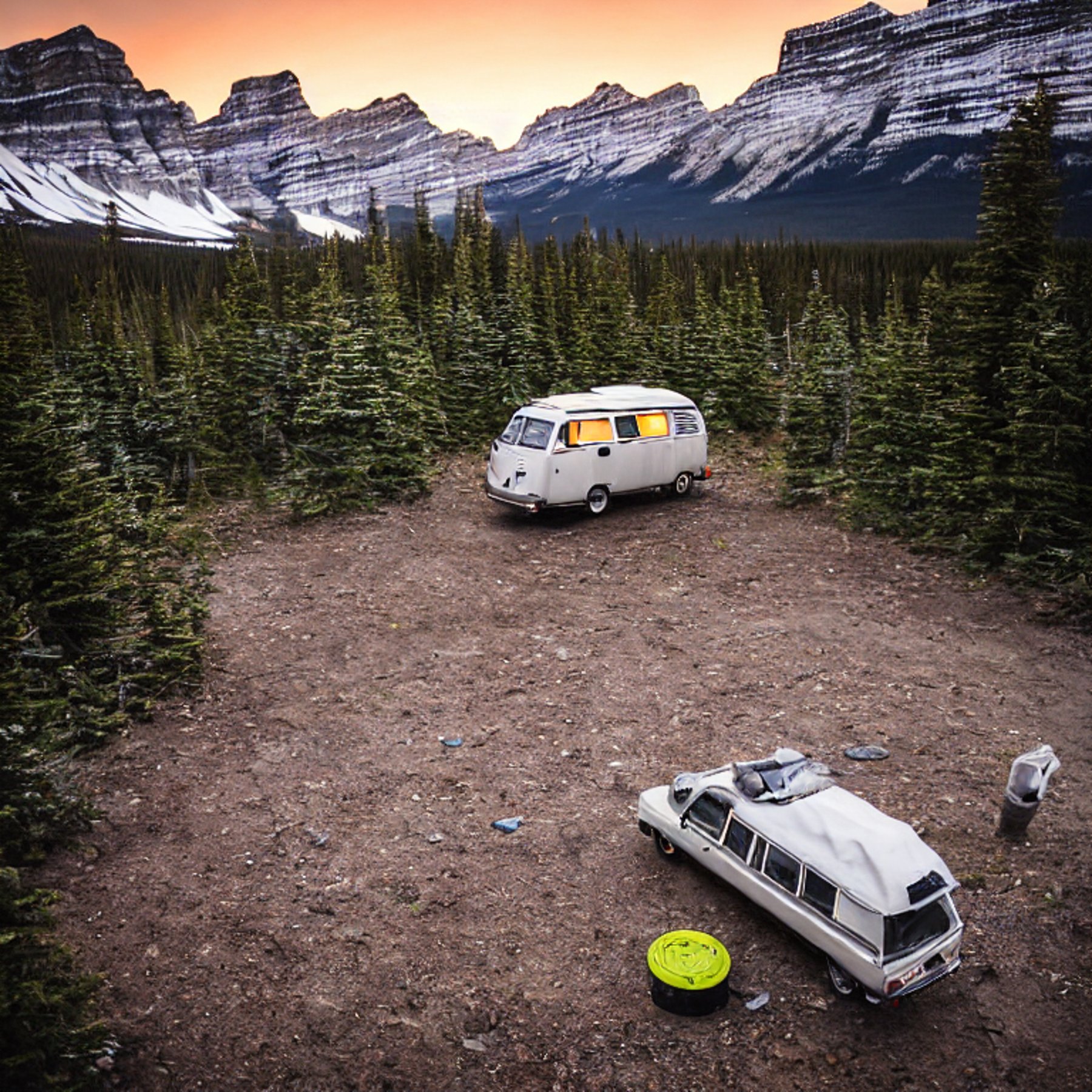 A cozy VW campervan rests at a snowy campsite in Banff National Park. A warm tent glows nearby, while a wooden guitar lies beside the dirt path. The sunset paints the quiet mountain landscape in soft golden light.
