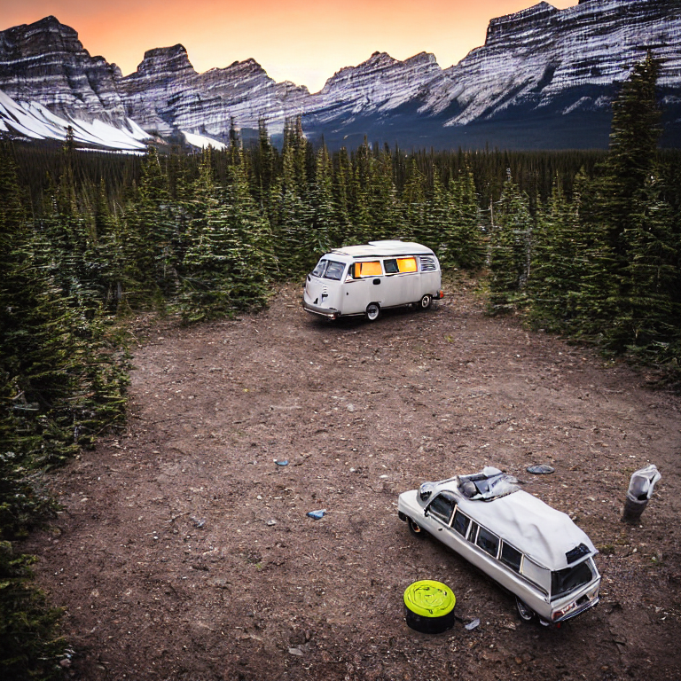 A cozy VW campervan rests at a snowy campsite in Banff National Park. A warm tent glows nearby, while a wooden guitar lies beside the dirt path. The sunset paints the quiet mountain landscape in soft golden light.