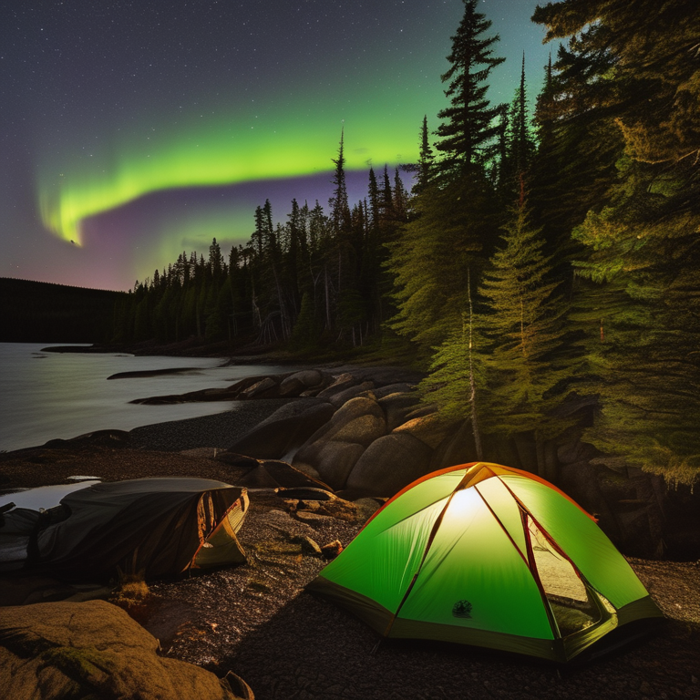 A green camo tent rests beside a quiet stream in a mossy forest. Hikers gather nearby as bright northern lights glow across the clear night sky.
