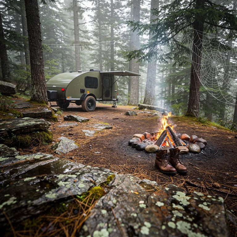 A quiet forest campsite sits in a small clearing far below a rocky cliff. Mist and light drizzle float between the tall pine trees, making everything look cool and fresh. An olive green little trailer rests by the woods, with a small fire glowing in a stone ring and wet hiking boots drying nearby. A tiny spider web hangs between two trunks, shining softly in the gray light.