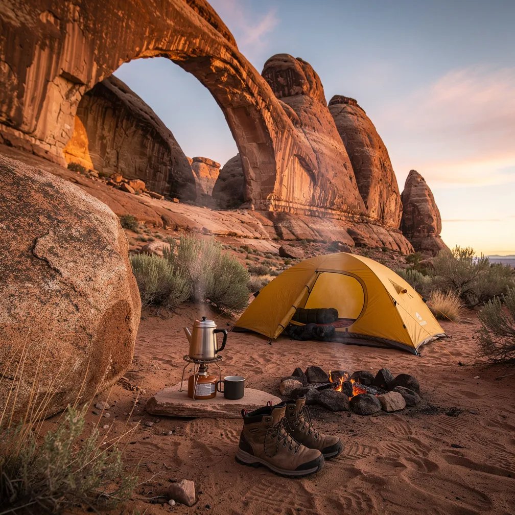 A mustard-yellow tent sits on soft sandy ground under huge red rock arches. The sunrise makes the desert glow, and sagebrush and tough little shrubs dot the campsite. A fire ring waits nearby with hiking boots beside it, and a small stove puffs steam from a coffee pot in the cool morning air.