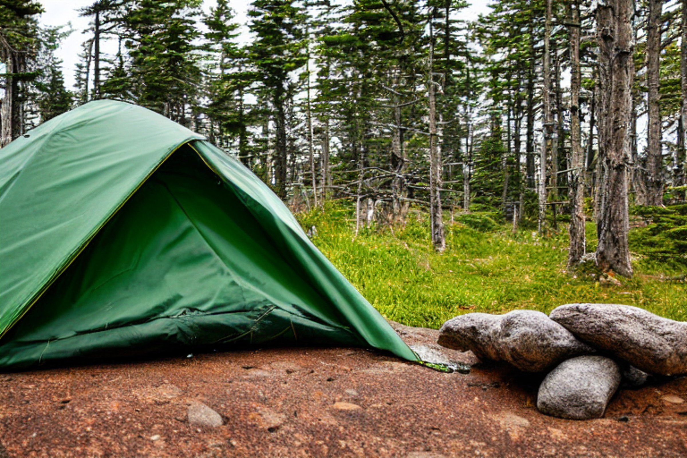 A green camo tent rests beside a crackling campfire in Acadia National Park. A clear stream winds through the gravel campsite, while stormy golden light gives the scene a wild, cozy feel.
