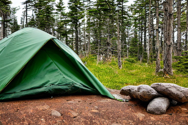 A green camo tent rests beside a crackling campfire in Acadia National Park. A clear stream winds through the gravel campsite, while stormy golden light gives the scene a wild, cozy feel.