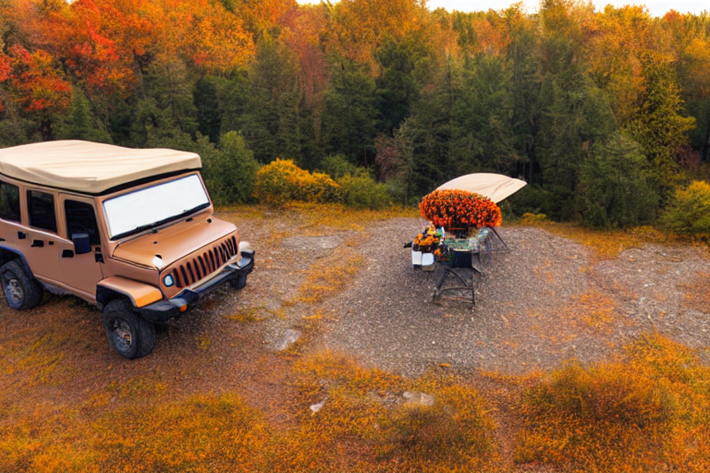 A brown Jeep with a rooftop tent rests at a sunny campsite beside a quiet lake. Rocky ground, bright wildflowers, and colorful fall trees surround the paved parking spot. Warm sunrise light fills the peaceful scene.
