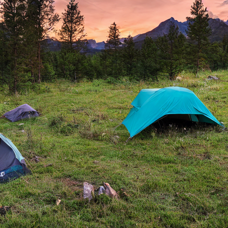 A teal tent rests beside a small campfire near a quiet river. Rainy grass, berry bushes, and young trees surround the campsite, while tall mountains rise in the distance beneath the sunset sky.