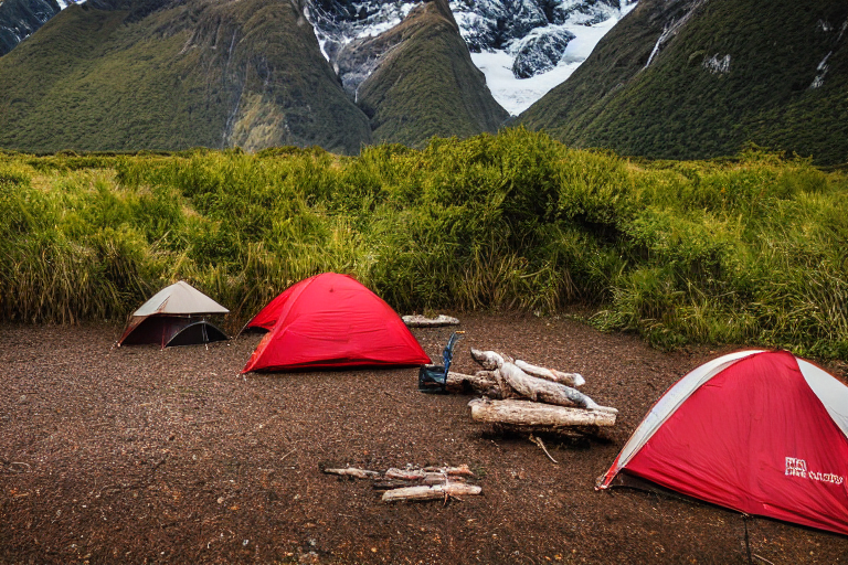 A bright red tent rests beside a warm campfire in a quiet dirt clearing. Tall bushes, rocky ground, and thick morning fog surround the campsite, with Milford Sound’s wild beauty stretching beyond.