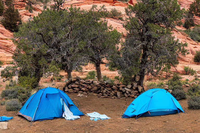 A blue tent rests on a sunny dirt patch in Capitol Reef National Park. A warm campfire glows nearby as the sun sets behind the red rocks. Clothes hang on a line, with camping gear and stones scattered around the peaceful campsite.