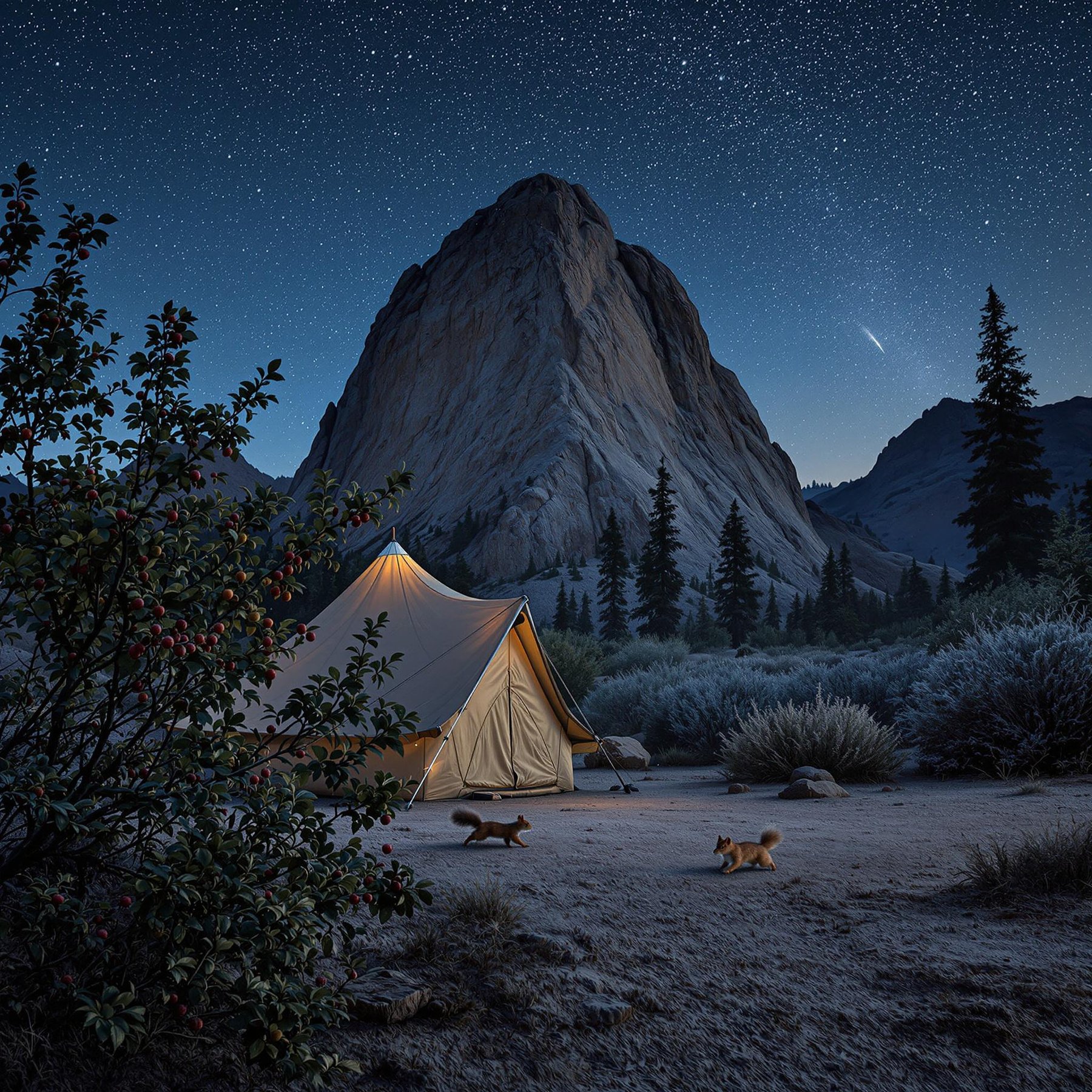 A cozy tent glows under a sky full of twinkling stars, nestled against a giant rocky mountain. Friendly squirrels play on the sandy ground, adding a touch of playful magic. Tall pine trees surround the campsite, making it feel like a peaceful wilderness wonderland.