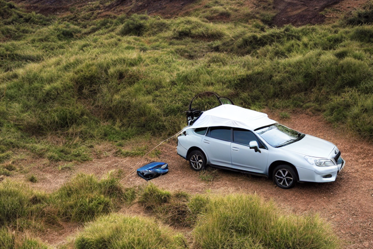 A Subaru with its rooftop tent open rests on a quiet dirt campsite in Santorini. Tall grass, ferns, and a box of camping gear surround the spot as soft sunset light glows beneath cloudy skies.