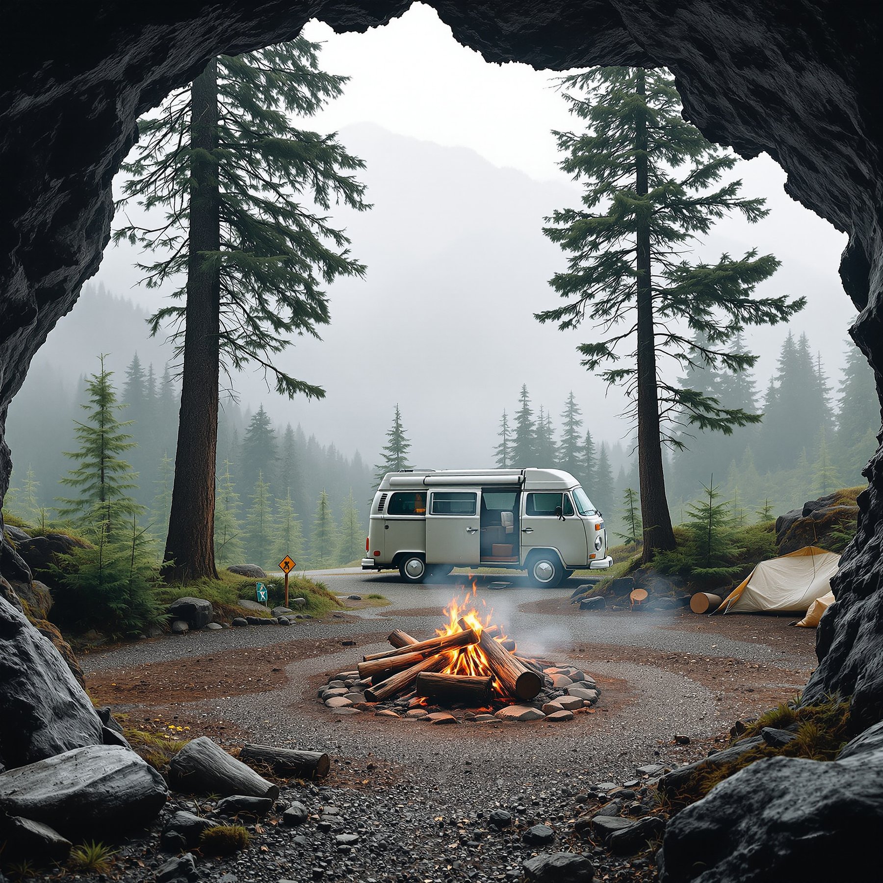 A cozy campfire crackles near a cute van, surrounded by tall pine trees and misty mountains. The campsite feels peaceful and safe, tucked by the entrance of a rocky cave. It’s the perfect spot for adventure in the quiet forest.
