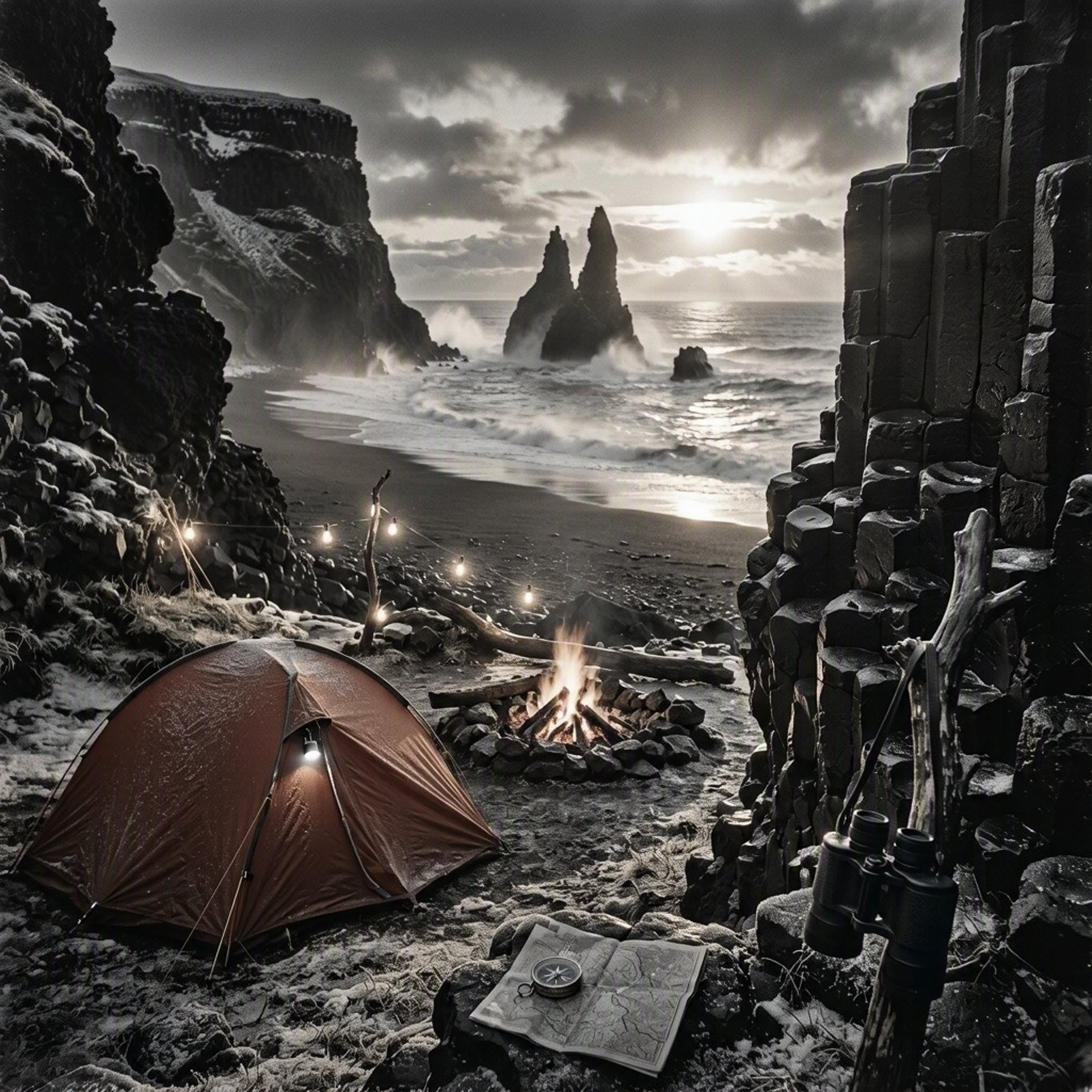A cozy campsite rests in a rocky basalt shelter above Iceland’s black-sand beach. A terracotta tent, glowing campfire, and warm string lights brighten the frosty ground as waves crash near the dark sea stacks.