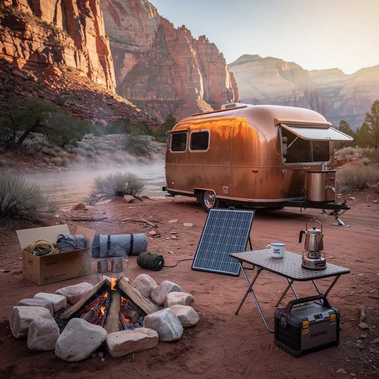 Dawn light washes over red canyon cliffs as a thin mist drifts across the sandy wash. A shiny copper caravan rests near sparse juniper, making the camp feel calm and cozy. A stone fire ring holds warm embers, while a little solar panel drinks in the rising sun. Nearby, a coffee pot steams on a small stove, filling the cool air with morning comfort.