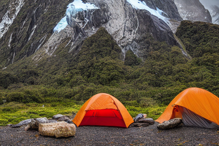 A colorful tent rests on a rough campsite beneath a stormy sunset in Milford Sound. A campfire glows beside large stone slabs, while a towering rock adds a wild, rugged feel.