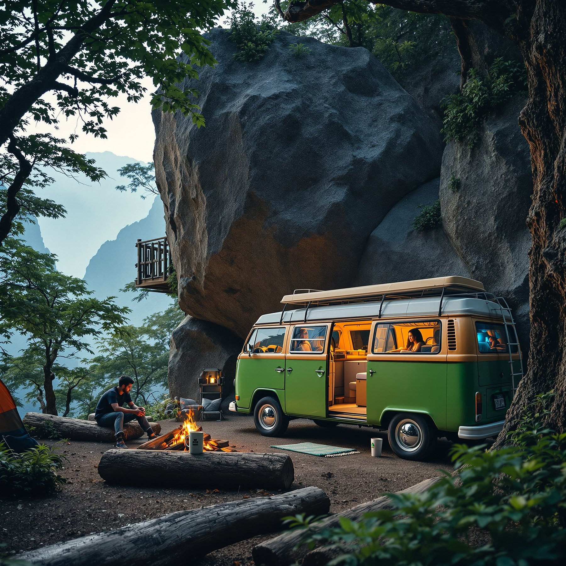 This cozy campsite sits under huge rocky cliffs and tall green trees. A bright green camper van glows beside a warm campfire, making everything feel safe and inviting. It’s the perfect place to relax and explore nature.