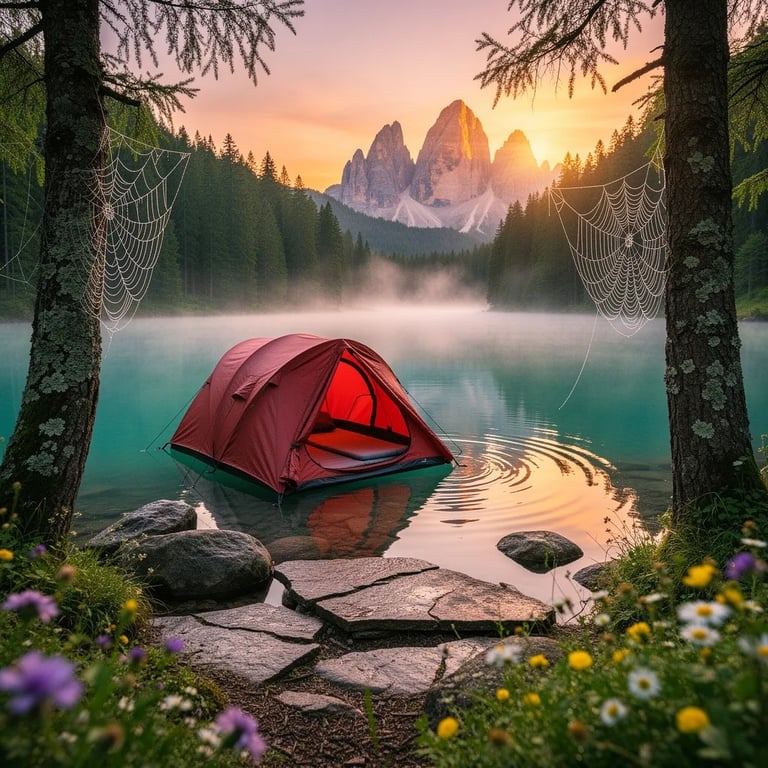 A rust-red tent floats quietly on a glassy mountain lake at sunset, glowing in orange and pink light. Jagged peaks and tall pine trees rise in the distance, reflected perfectly in the calm water. Wildflowers, mossy rocks, and a tiny spider web on the shore make the campsite feel peaceful and hidden away.