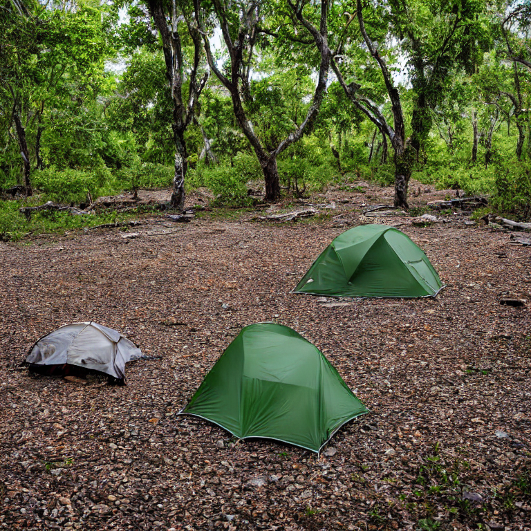 A white tent rests beside a warm campfire on a dirt patch in Biscayne National Park. Small trees, fallen leaves, and scattered stones surround the campsite as stormy skies gather overhead.