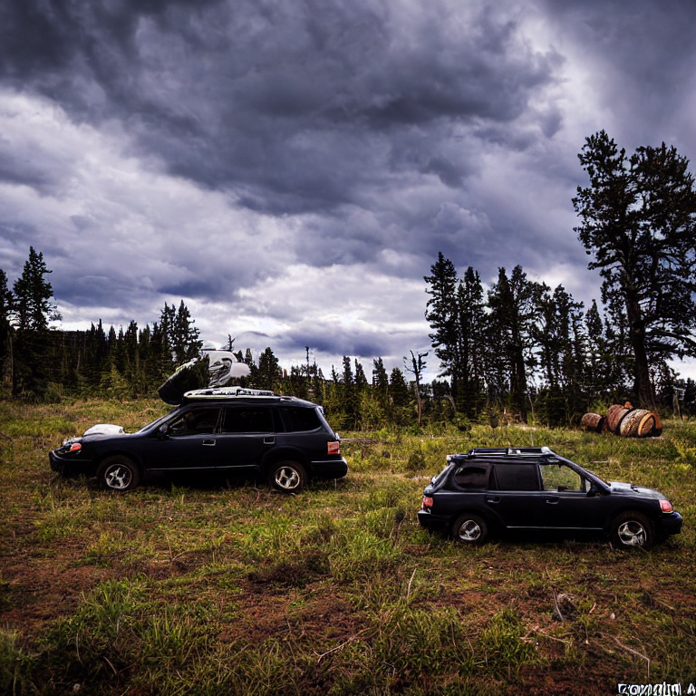 A black Subaru rests in a quiet petrified forest beneath a starry, stormy sky. Its rooftop tent is open beside tall grass, a campfire, and a large fallen log. Clothes hang from a nearby line, with dark mountains rising in the distance.
