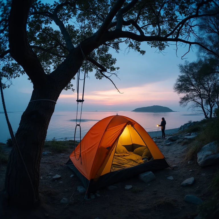 A colorful tent rests on a rough, quiet beach as the sun sets through the mist. A rope swing hangs from a sturdy tree, while a distant camper shines a flashlight.