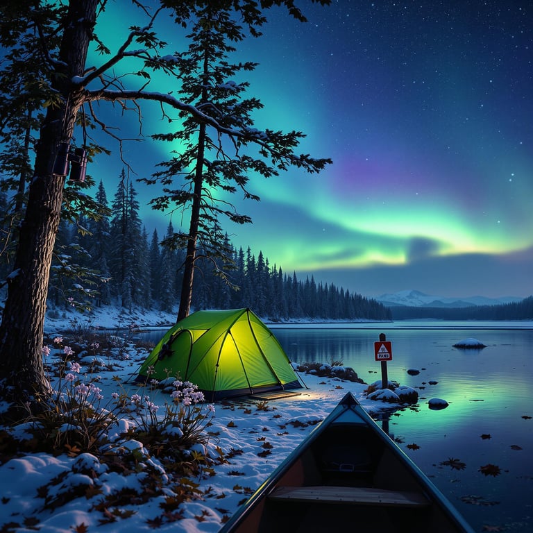 A cozy green tent glows by a calm lake under a sky painted with northern lights. Snow blankets the ground, and tall pine trees stand quietly around. It's a peaceful winter wonderland adventure.