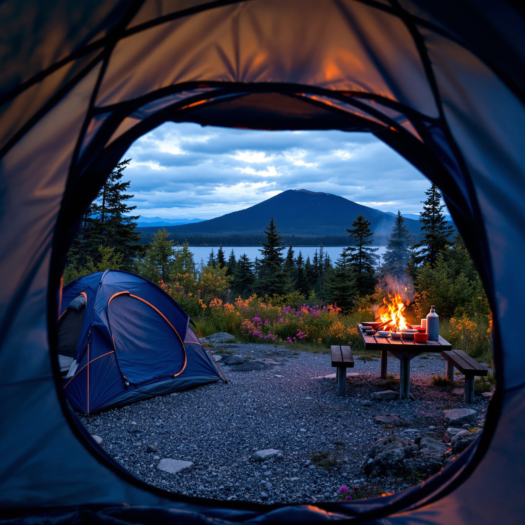 Wake up to a cozy campsite beside a sparkling lake, surrounded by tall pines and wildflowers. A campfire crackles near a picnic table, perfect for sharing stories or roasting marshmallows. In the distance, a tall mountain stands against the colorful evening sky.