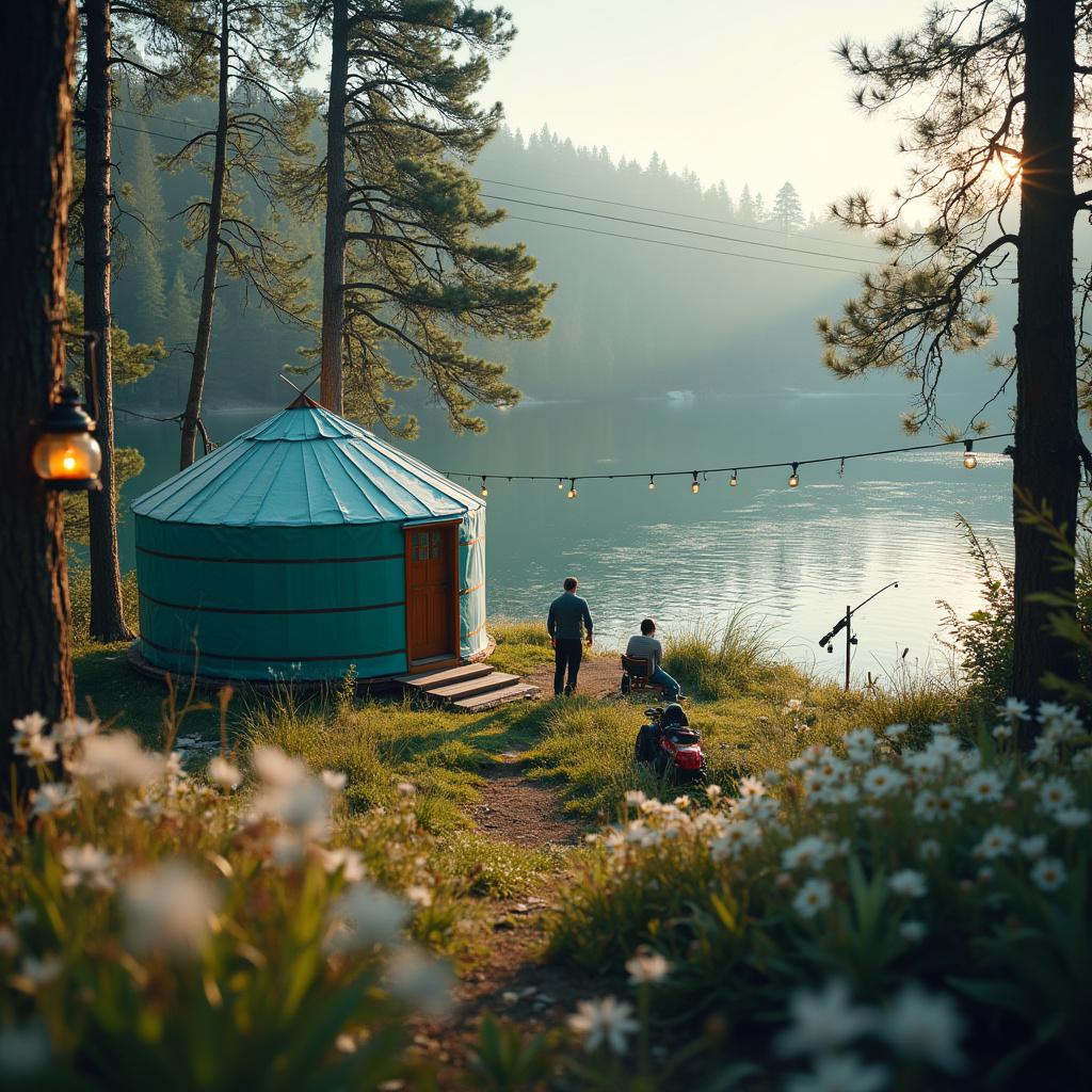 A teal yurt rests beside a lake in a meadow filled with wildflowers. Seen from a bridge, the cozy campsite has a solar lantern, a fishing rod, and surfers on the chilly, snowy water.