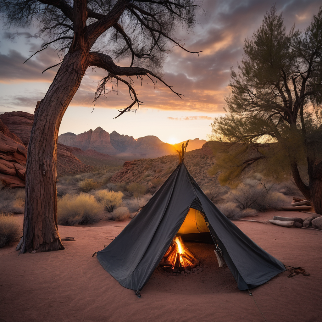 A dark gray tarp shelter rests among the red rocks as the sun sets. Campfire smoke drifts in the windy air, while small trees and a wooden campsite sign add a cozy touch.