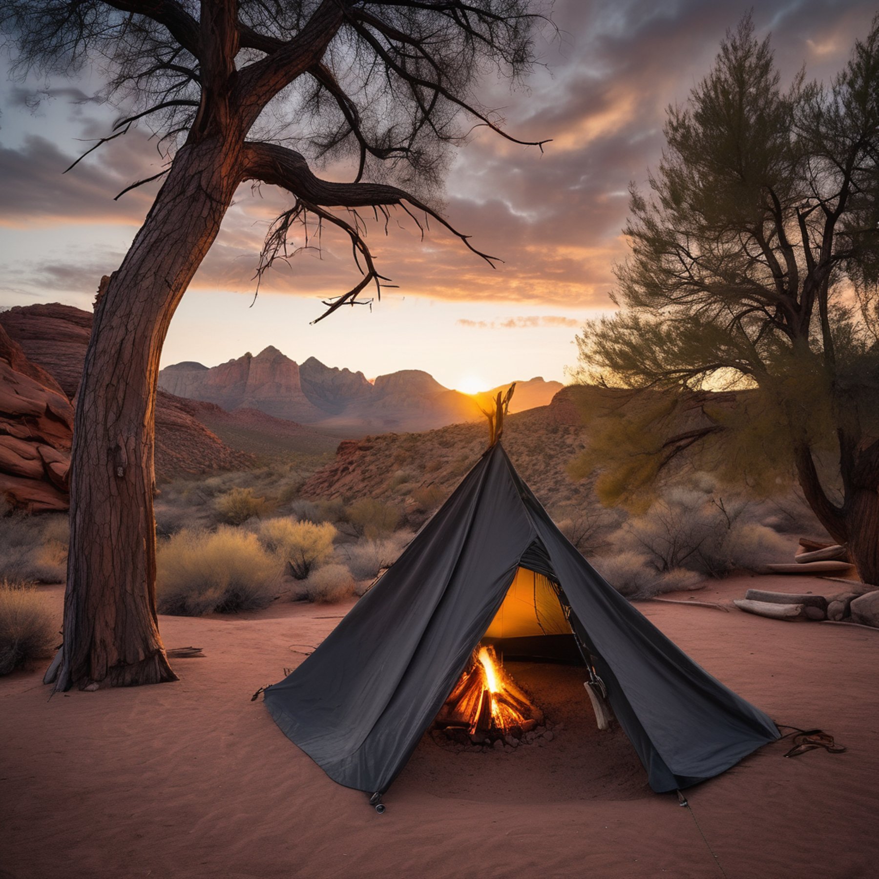 A dark gray tarp shelter rests among the red rocks as the sun sets. Campfire smoke drifts in the windy air, while small trees and a wooden campsite sign add a cozy touch.