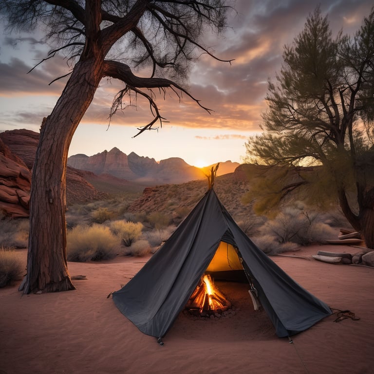 A dark gray tarp shelter rests among the red rocks as the sun sets. Campfire smoke drifts in the windy air, while small trees and a wooden campsite sign add a cozy touch.