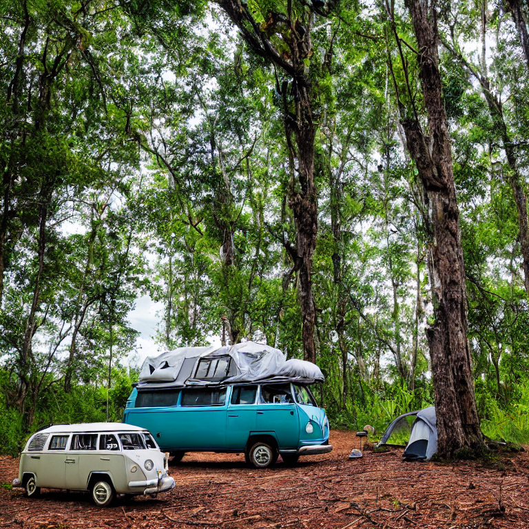 A cozy VW campervan rests beneath tall trees in a quiet Biscayne National Park campsite. A warm campfire glows beside a hammock, lantern, and moonlit sky. Clouds drift overhead, adding to the peaceful nighttime mood.