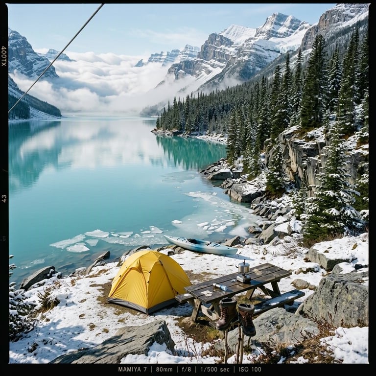 A bright yellow tent rests in a snowy alpine meadow beside turquoise Lake Louise. Spruce and fir trees surround the camp, while a kayak, picnic table, and wet boots wait nearby. Beyond the shore, soft clouds fill the mountain valley under crisp, clear light.