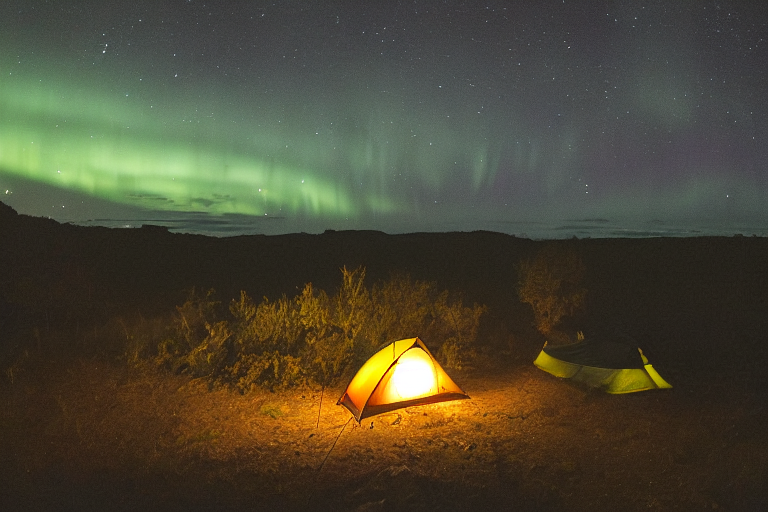 A green tent rests on a quiet dirt campsite by the California coast. Rainy skies glow with colorful northern lights, while surfers gather nearby. A picnic table, a large log, and a warm campfire create a cozy outdoor retreat.