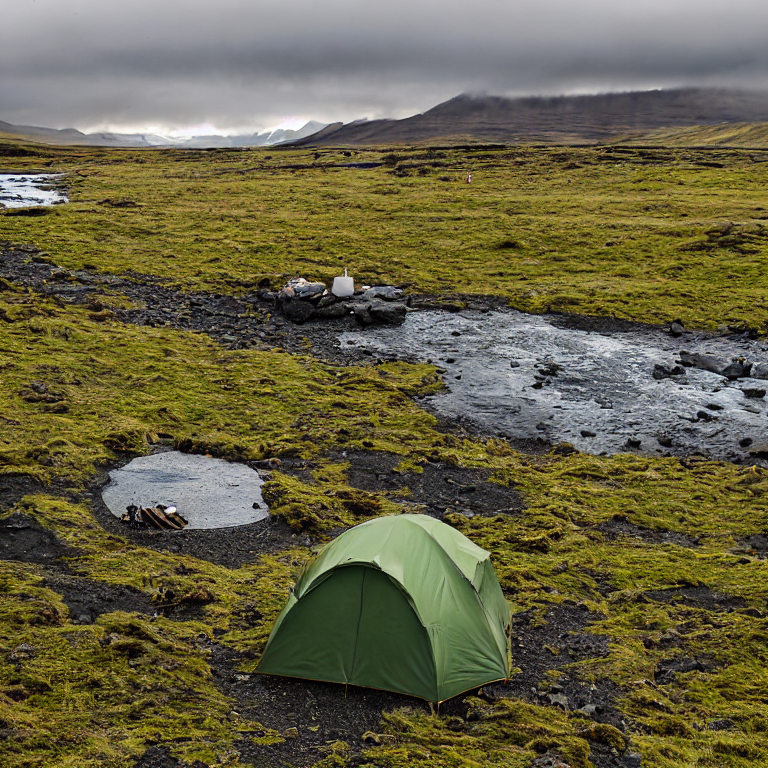 A green tent rests beside a paved campsite in Iceland, glowing in the soft light of golden hour. A clear stream winds through the camp, with a backpack and large log near the campfire. Surfers and cloudy skies add to the wild, peaceful mood.