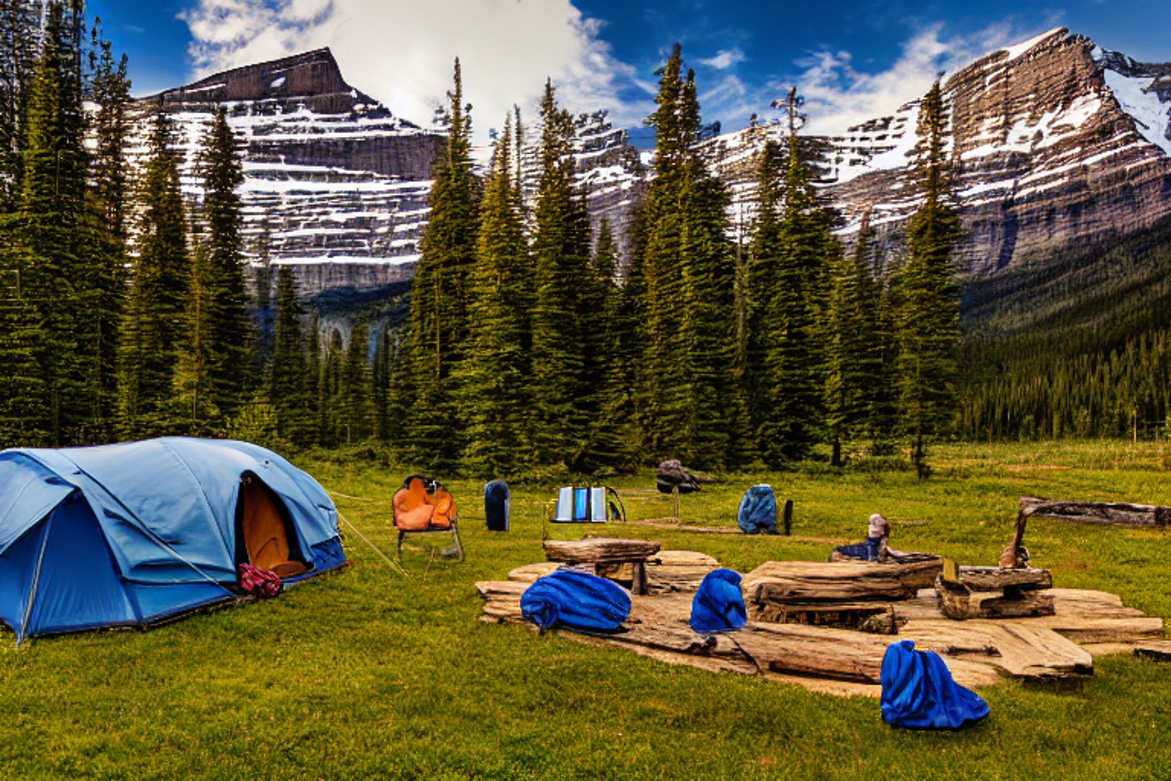 A blue tent rests beside a warm campfire in Glacier National Park. Golden light shines over the trees and clear sky, while a guitar, picnic table, and clothesline make the campsite feel cozy and lived-in.