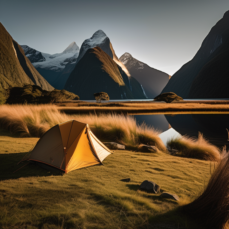 A cozy tent rests beside a warm campfire on a grassy patch in Milford Sound. Tall mountains and small trees surround the peaceful campsite under sunny golden-hour light.