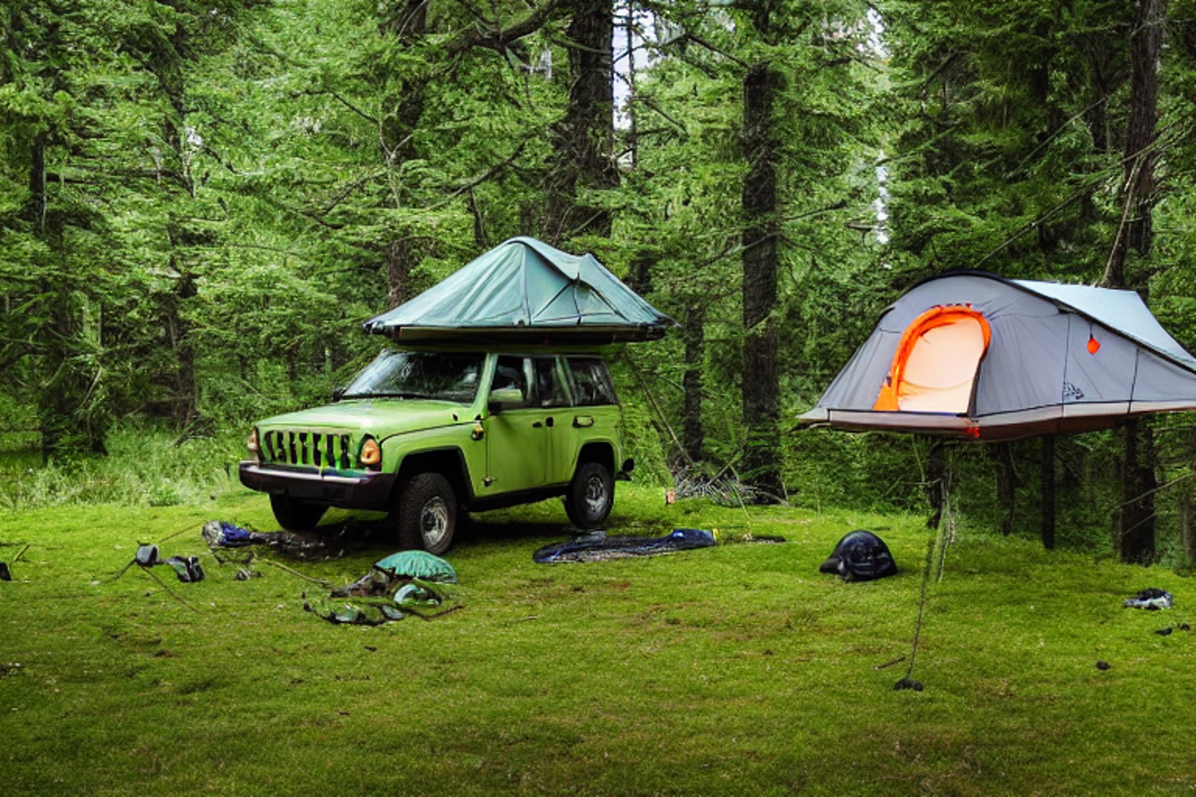 A green Jeep with a rooftop tent rests beside a warm campfire at sunset. Mossy trees, a quiet hot spring, and a hammock make the campsite feel cozy and peaceful. A lantern glows nearby, while clothes dry on a line under the clear sky.