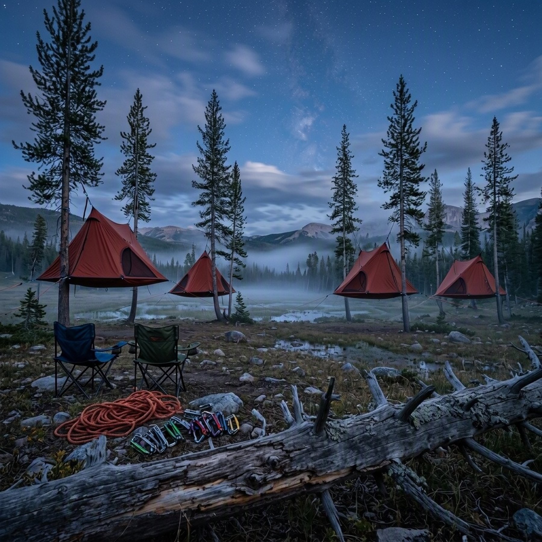 A quiet alpine meadow rests under deep blue twilight, with soft mountain mist drifting through the lodgepole pines. Four rust-red tree tents hang above the ground, beside camp chairs, climbing gear, and smooth stones. A fallen log frames the peaceful scene as the first stars appear overhead.