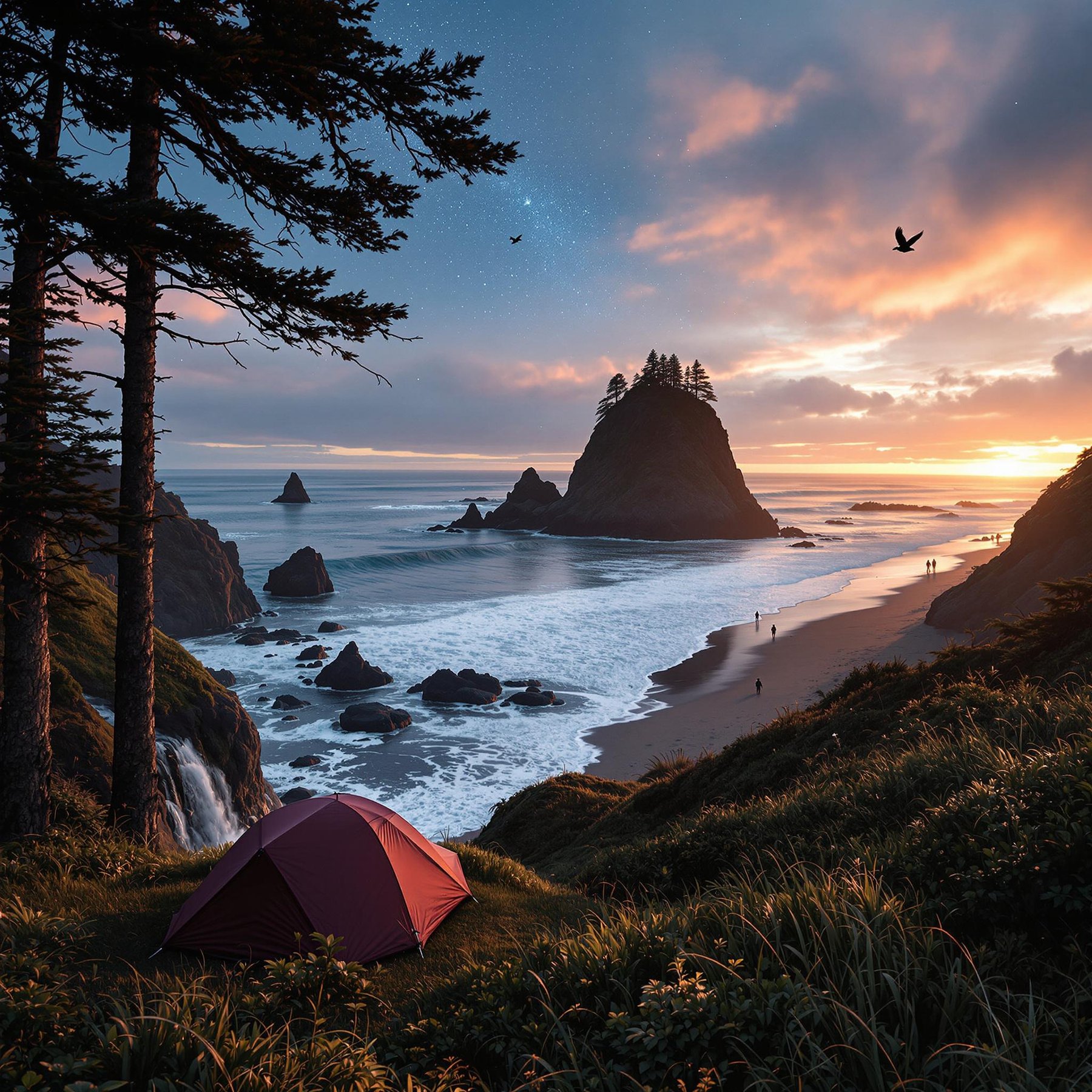 Camp beside the ocean with tall trees all around and watch the sunset light up the sky. Waves crash on the sandy beach, and rocky islands rise up from the sea. It’s a peaceful spot to enjoy nature and look at the stars.