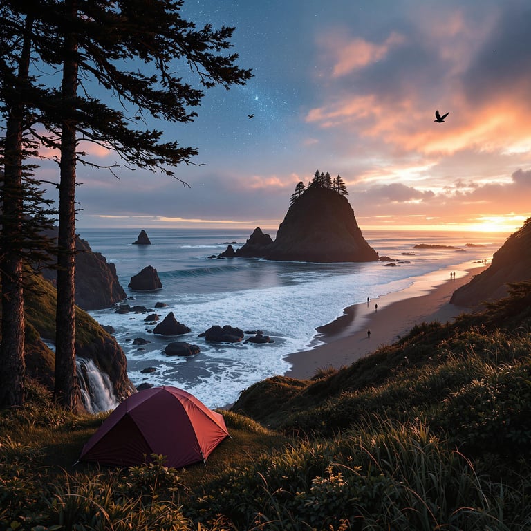 Camp beside the ocean with tall trees all around and watch the sunset light up the sky. Waves crash on the sandy beach, and rocky islands rise up from the sea. It’s a peaceful spot to enjoy nature and look at the stars.