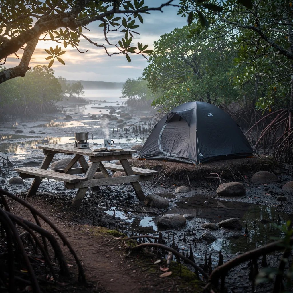 A dark gray tent sits on a small dry bump in a mangrove swamp, with shallow water and twisted roots all around. Cool blue twilight and light mist make everything feel quiet and calm. A rustic picnic table holds a tiny stove, a mug, and an open nature book. A narrow dirt path leads in under the leafy canopy, and wet leaves glimmer in the dim light.
