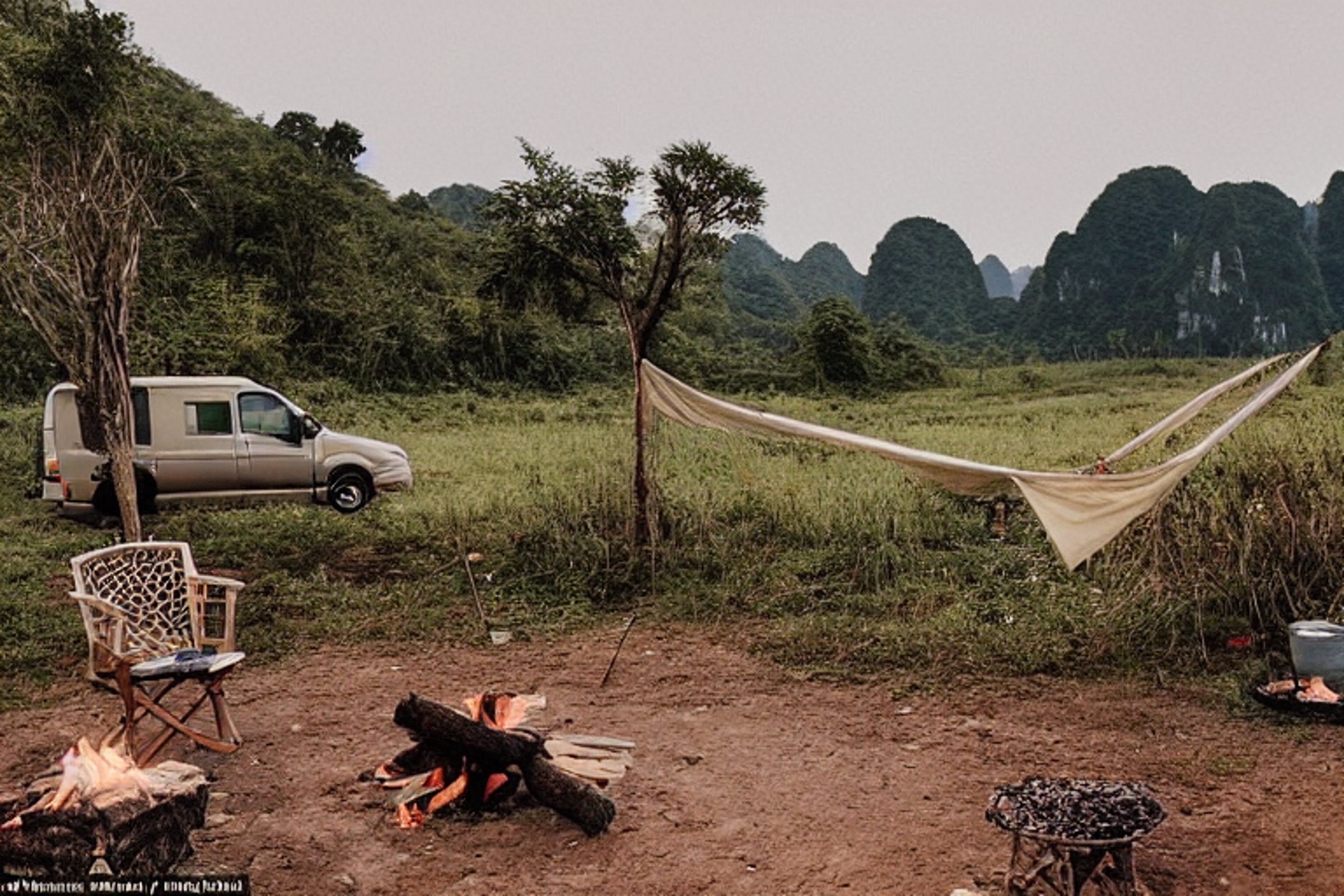 A tan camper van rests on a dirt campsite in rainy Halong Bay. A warm campfire glows beside a clothesline, while misty mountains rise in the background. Berry bushes add a touch of color to the quiet, cozy scene.