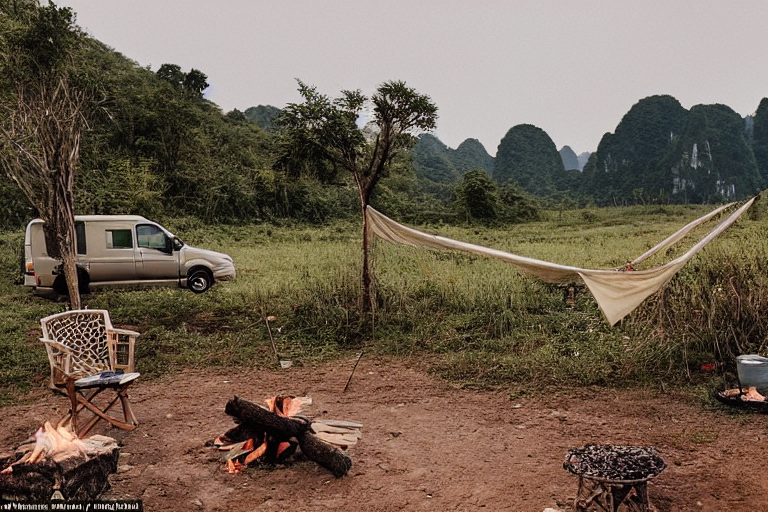 A tan camper van rests on a dirt campsite in rainy Halong Bay. A warm campfire glows beside a clothesline, while misty mountains rise in the background. Berry bushes add a touch of color to the quiet, cozy scene.