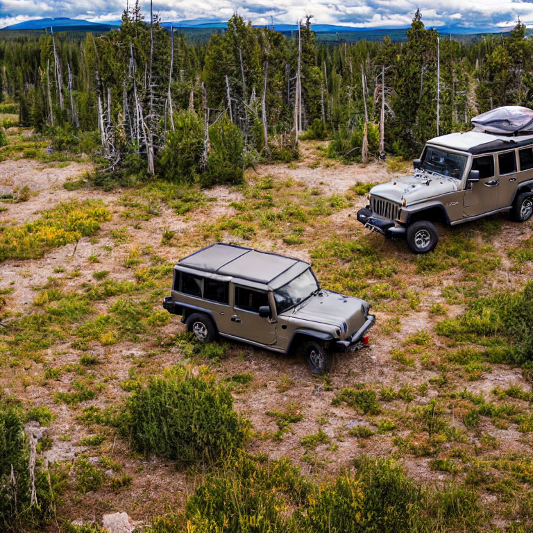 A Jeep with an open rooftop tent rests in a grassy Yellowstone campsite. A muddy path winds past berry bushes and a clothesline of drying clothes. Rainy sunset light gives the quiet scene a warm, peaceful glow.