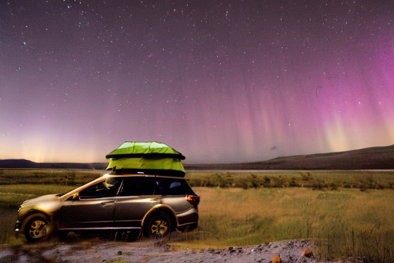 A tan Subaru sits on a rough dirt campsite beneath a glowing green aurora. Rainy plains stretch toward dark mountains, while a berry-covered bush adds a bright touch nearby. Its rooftop tent is open and ready for a cozy night.