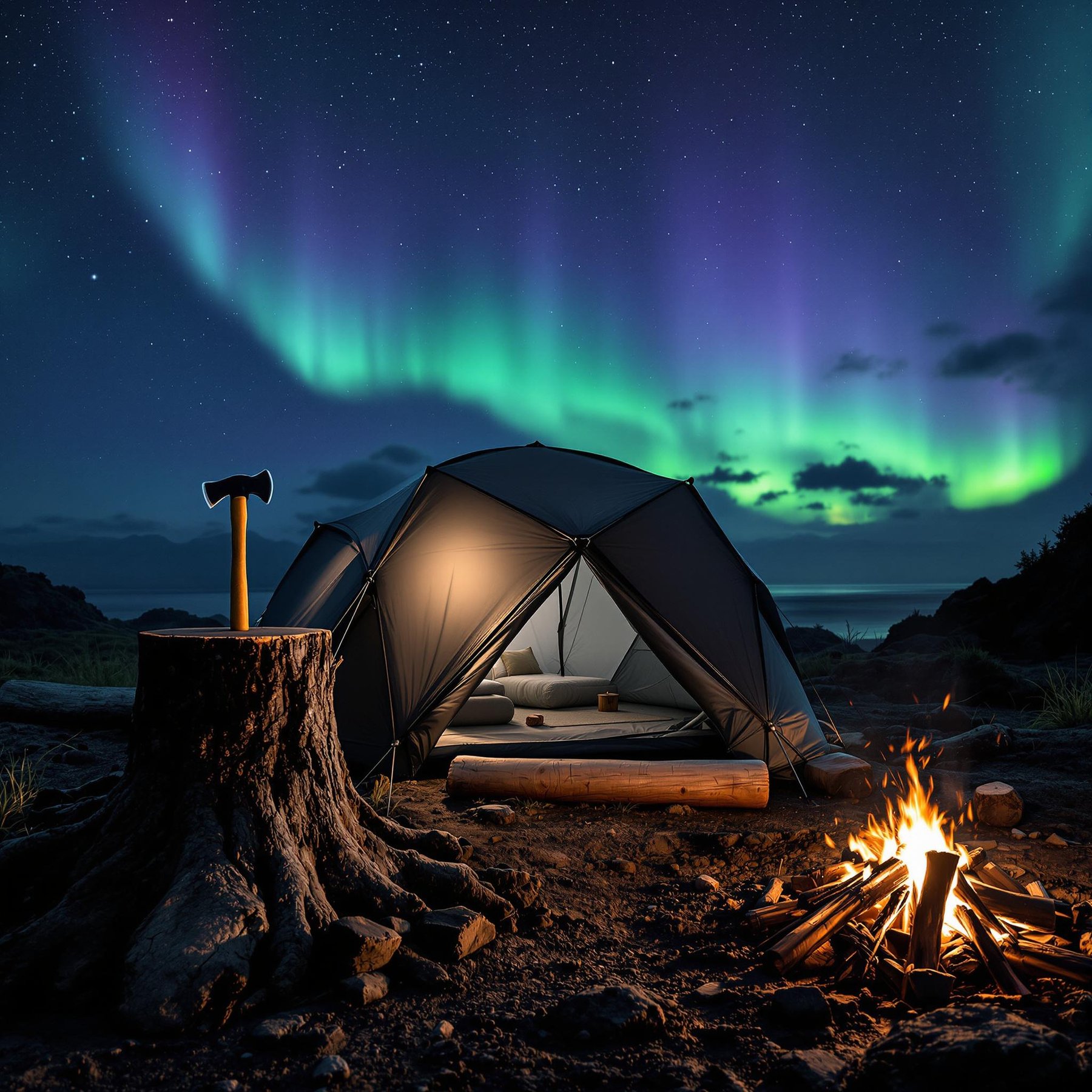 Under a sky painted with magical green and purple lights, a cozy tent sits beside a crackling campfire. The air is crisp and fresh, and a stump with an axe adds a rustic touch. It's a perfect night for stories and stargazing.