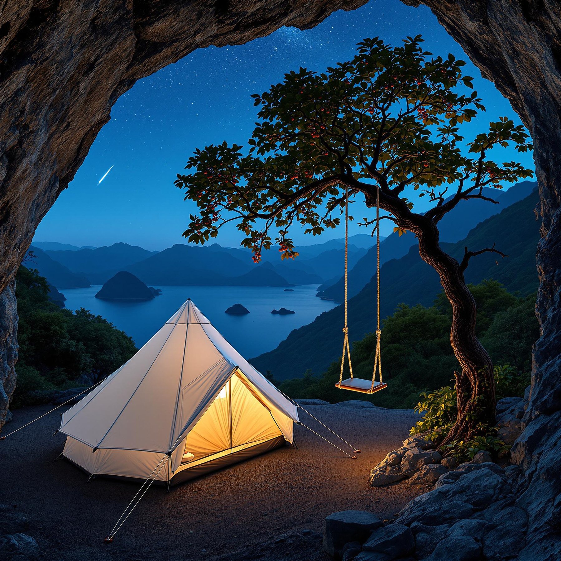 This cozy tent sits under a starry sky, tucked in a cave with a view of calm blue lakes and distant mountains. A friendly tree stands nearby with a swing, perfect for fun and relaxing. It’s a peaceful spot for nighttime adventures in nature.