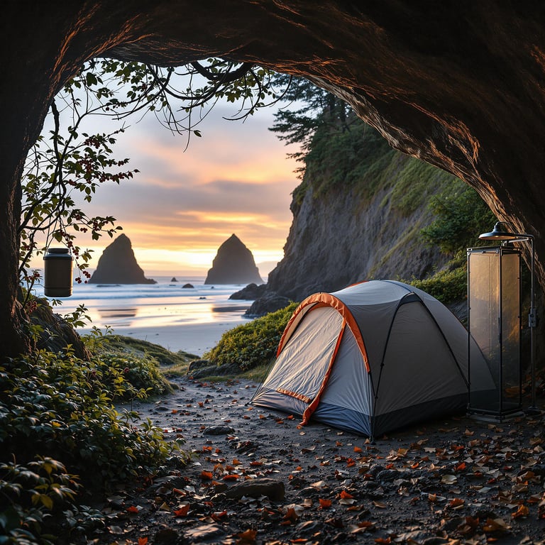 Camp in a cozy cave beside the ocean, with soft sand and tall sea stacks in the distance. Watch the golden sunset light up the waves. This spot feels hidden and peaceful, perfect for adventure!