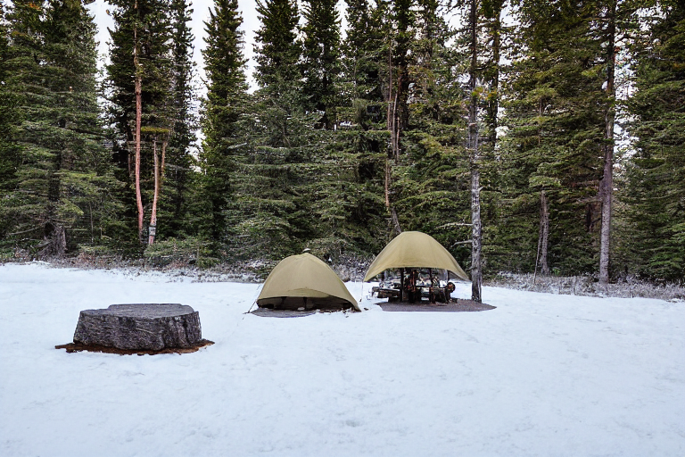 A tan tent rests on a paved campsite in snowy Banff National Park. Stone slabs and a crackling campfire create a cozy spot, while a hammock hangs between the trees. Rolling hills glow softly under the sunset sky.