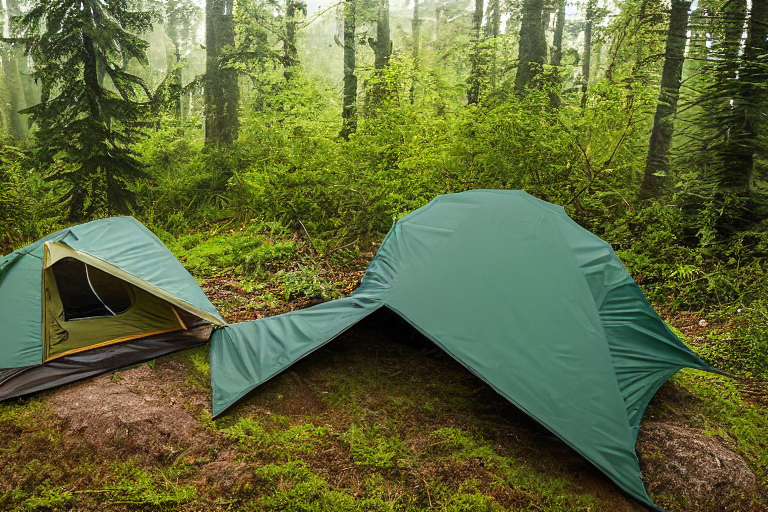A green camo tent rests on a quiet dirt campsite beside a rushing river. Ferns, a large rock, and a fallen log surround the campfire, while stormy dusk clouds fill the sky. A backpack waits nearby, ready for adventure.